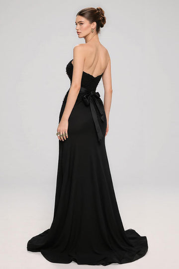 Black Satin Sweetheart A Line Long Formal Dress with Bow